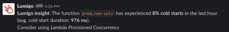 A screenshot of a Lumigo Insights alert offering recommendations around cold starts and provisioned concurrency.